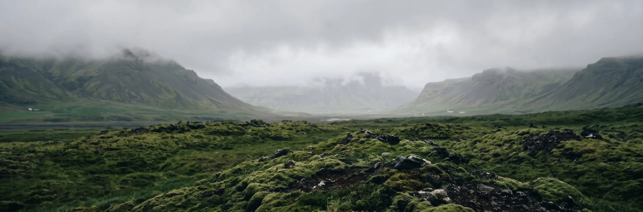 Mosavaxið hraun og þokukennd fjöll í íslensku landslagi